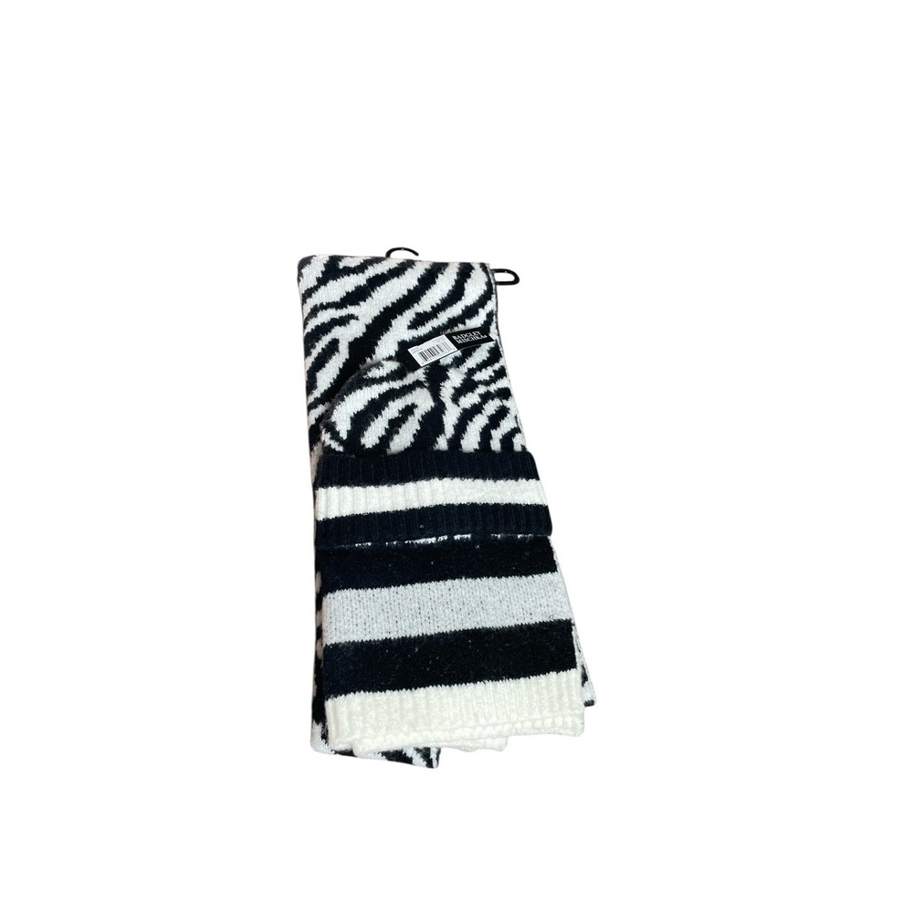 Badgley Mischka OS Black/white Knit Scarf/knit Cap Zebra Stripes Very Long Scarf